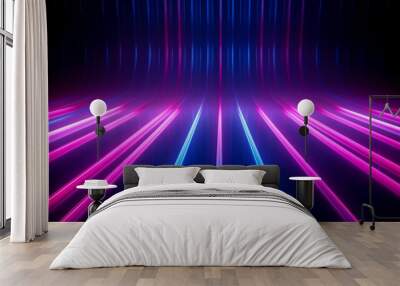 Futuristic abstract background with neon lights, laser rays, glowing ascending lines wallpaper Wall mural