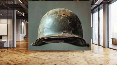 Weathered korean war soldier's helmet with peeling paint, symbol of history and resilience.  Wall mural