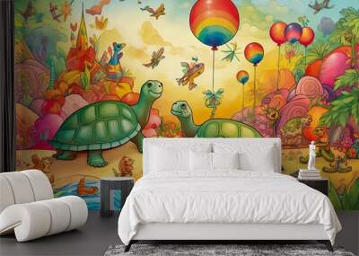 A group of adorable turtles, happily celebrating AI generated Wall mural