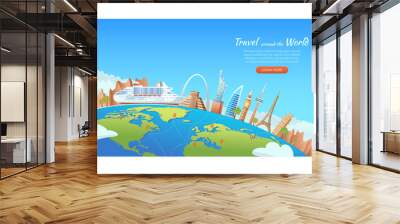 Travel with famous world landmarks. Cruise ship around the world. Travel and Tourism concept. Vector banner illustration. Wall mural