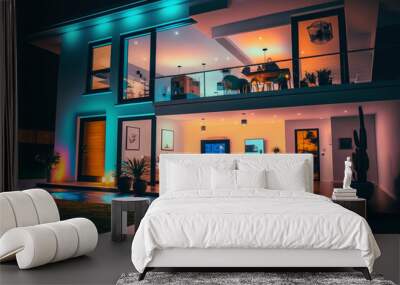 Smart home with high technology tablet in a modern house. Generative AI. Wall mural