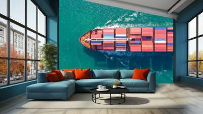 aerial top view of cargo ship carrying container for import export goods to customer,concept logisti Wall mural