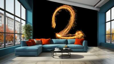 Alphabet and Number two sparklers on black background by light painting.number 2 sparkling golden for party and Celebrate Wall mural