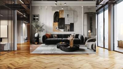 An elegant living room with a large abstract painting on the wall, a black leather sofa, a gray rug, and a marble coffee table. Wall mural