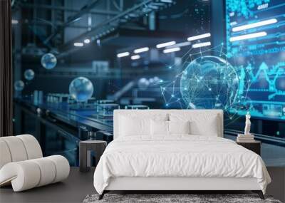 futuristic factory with a conveyor belt carrying products and a globe made of connected dots in the foreground. Wall mural