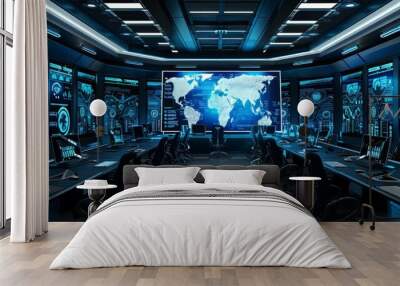 Futuristic secret underground lair with screens showing world map and various data. Wall mural