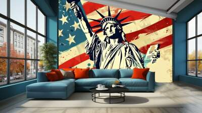 painting of the Statue of Liberty with an American flag background. American flag, 4th of july holiday,Independence Day,Memorial Day Wall mural