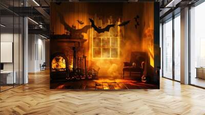 Spooky Halloween scene with a flickering fire, eerie shadows, and bats flying in a dimly lit room, perfect for autumn decoration. Wall mural