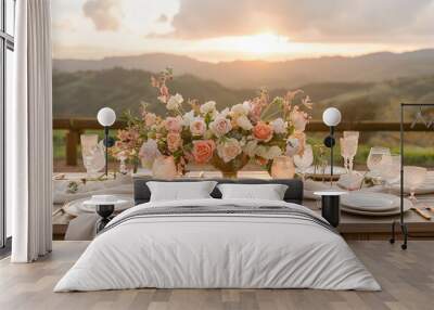 Beautiful soft pastel rustique outdoor dinner table with floral arrangements at sunset Wall mural