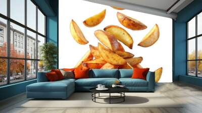 Falling potato wedges isolated on transparent background Wall mural