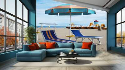 Blue beach chairs and umbrella, Rimini, Italy Wall mural