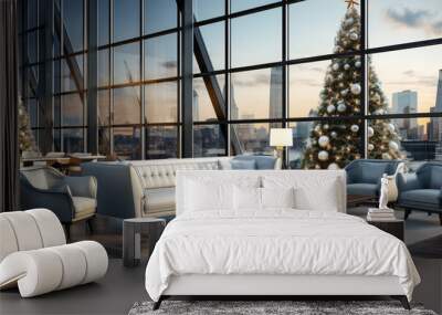 Cozy modern spacious office room with panoramic windows with a Christmas tree Wall mural