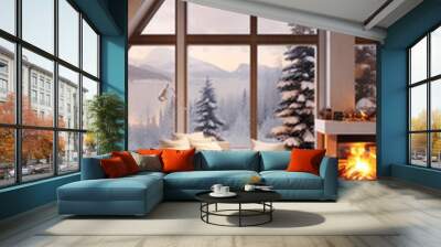 Cozy modern winter living room interior. Cozy house in the mountains Wall mural