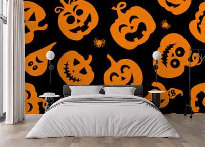 Seamless vector pattern for Halloween design. Halloween symbols: pumpkin, spider, ghost in cartoon style. Vector Illustration Wall mural