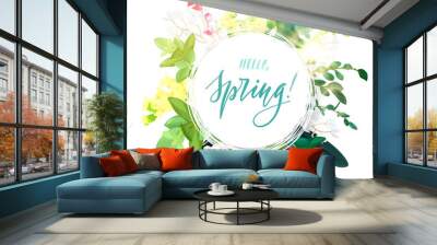 A round frame of spring flowers, leaves and green plant branches, eucalyptus and succulents. Round decorative design flyer or banner with space for text. Effect of sun rays. Vector illustration. Wall mural