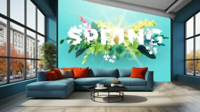 Bright spring design on a blue background. A voluminous inscription with an ornament from flowers, green leaves and plant branches. The effect of sunlight. Vector illustration. Wall mural