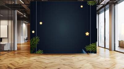 Christmas background design with fir tree branches, glowing stars, gold serpentines and paper stars. Dark backdrop with space for text. Vector flyer or banner template. Wall mural