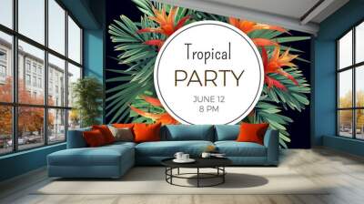 Customizable vector floral design template for summer party. Tropical flyer with green exotic plants and flowers. Wall mural