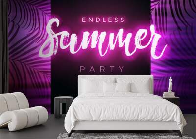 Dark purple neon tropical summer party flyer with copy space. Modern blurs and gradients. Electric glow and palm leaves background. Vector illustration. Wall mural