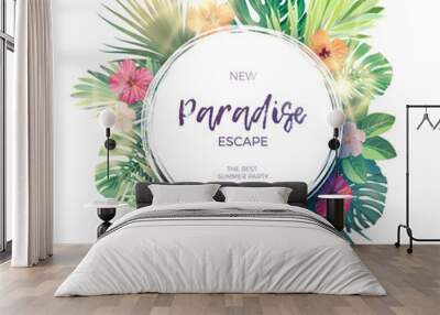 green summer tropical background with exotic palm leaves and hibiscus flowers. vector floral backgro Wall mural