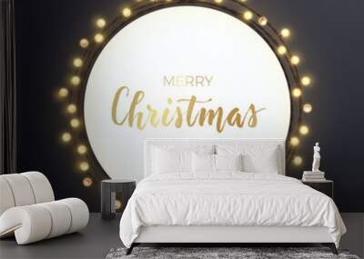 Round Christmas design with light bulb garland on dark backround. Vector illustration. Template for banner, card or flyer. Wall mural