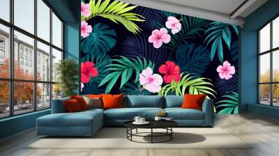 Seamless hand drawn tropical vector pattern with bright hibiscus flowers and exotic palm leaves on dark background. Wall mural