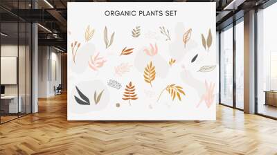 Set of vector hand drawn abstract floral elements, leaves, flowers and plants in warm neutral tones with thin irregular black lines. Wall mural