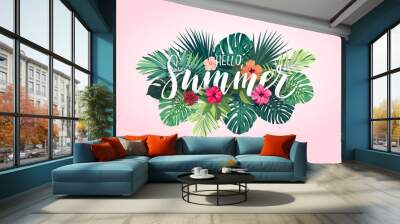 summer tropical vector design for banner or flyer with exotic palm leaves, hibiscus flowers and hand Wall mural