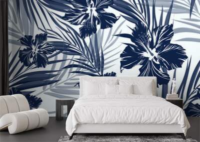 Tropical seamless monochrome blue indigo camouflage background with leaves and flowers Wall mural