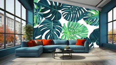 Vector seamless pattern with green monstera palm leaves on dark background. Summer tropical fabric design. Wall mural