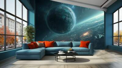 A planet with a large blue moon and a city in the sky Wall mural