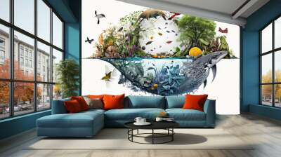 creative collage of biodiversity in the form of an animal, ecosystem and protection of nature and aquatic environment. Generated AI Wall mural