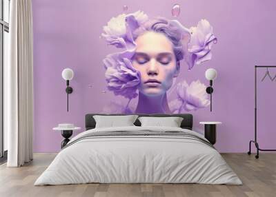 monohrome minimalist portrait of a beautiful woman with purple flowers and water drops Wall mural