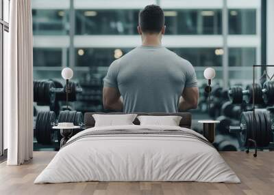 Muscular man in gym facing dumbbells: strength and fitness focus Wall mural