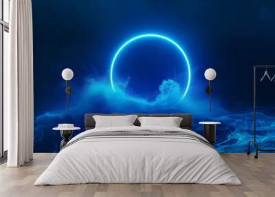 neon blue circle illuminates in dark stormy water, creating an ethereal atmosphere Wall mural