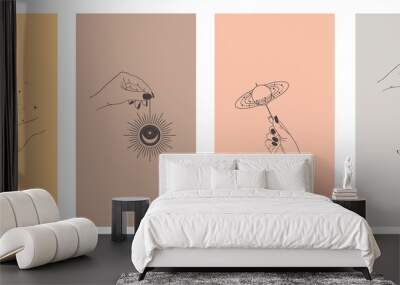 Set of boho mystic astrology elements. Magic  of hands, moon and sun. Mystic symbols for your design templates for social media stories - simple, stylish and minimal designs.design. Wall mural