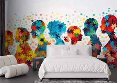 Silhouettes of a group of people are depicted in the form of a puzzle. The concept of unity and diversity of people Wall mural