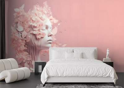 Wondrous minimalistic illustration portrait woman with pink flowers and liquid melting from her face. Wall mural