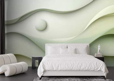 Abstract design of flowing lines and soft shapes in green and white tones Wall mural