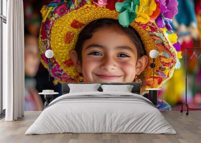 Portrait of young girl kid wear colorful hat mexican Wall mural