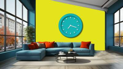 Cyan color 3d wall clock isolated on yellow background Wall mural