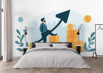 Flat illustration of a businessman climbing an arrow Wall mural