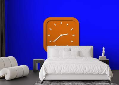 New brown color square 3d wall clock isolated on blue background, 12 hours wall cock Wall mural