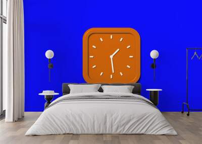 New brown color square 3d wall clock isolated on blue background, 12 hours wall cock Wall mural