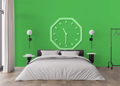 New green color counting down 3d clock icon on green background,clock icon Wall mural