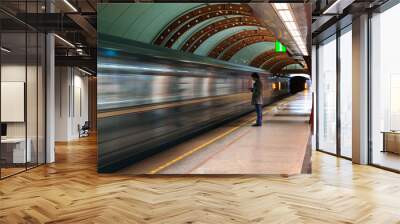 Lonely young man with smartphone shot from profile at subway station with blurry moving train in background. Wall mural