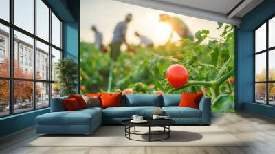 farm harvesting red tomato in the field, fresh ripe fruit. farm workers picking fresh ripe vegetable Wall mural