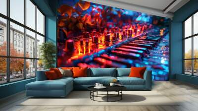 High-tech music studio equipment with neon lights, ideal for projects related to sound engineering, DJ culture, and electronic music production Wall mural