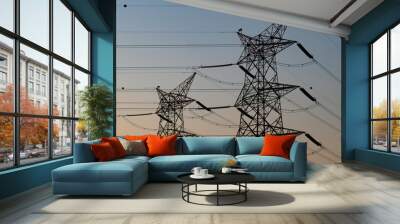 high voltage electric towers during sunset. Wall mural