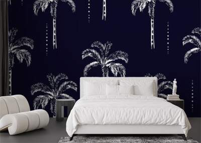 beautiful palm and coconut trees silhouette on the navy blue background. vector seamless pattern wit Wall mural